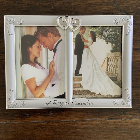 Hallmark Silver Double Photo Frame Wedding Rhinestone Hearts Two 5x7 - Picture 1 of 10